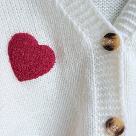 Chunky Knit Textured Heart Cardigan Sweater Button Front V-neck Cream Red S NWT - Picture 3 of 7